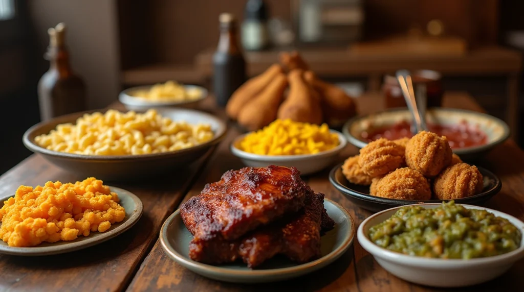 A Southern soul food dinner spread featuring golden fried chicken, creamy mac and cheese, tender collard greens with smoked turkey, BBQ ribs, homemade cornbread, and a slice of sweet potato pie, arranged on a rustic wooden table with warm, inviting lighting.