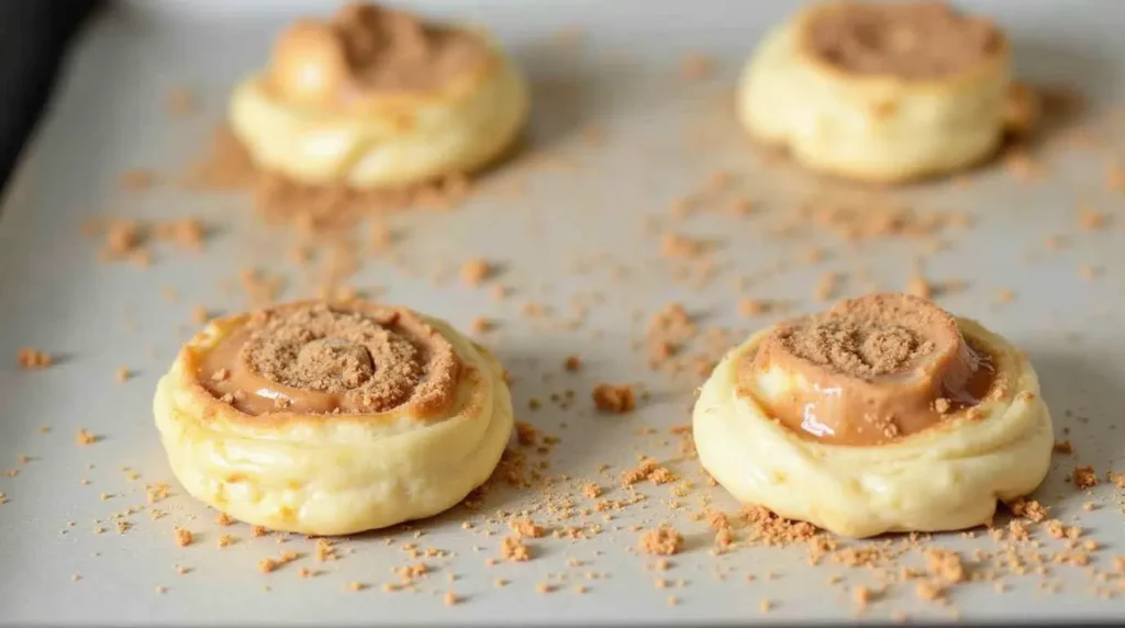 Adding fruit filling to puff pastry squares.

