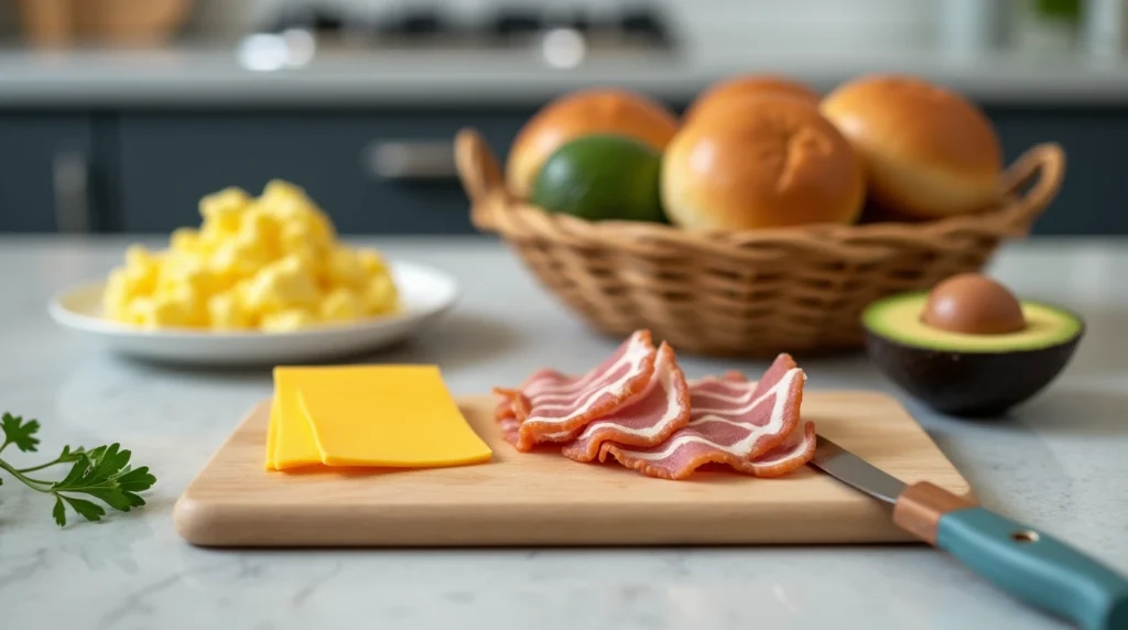 Assembling breakfast sliders with fresh ingredients in a modern kitchen.

