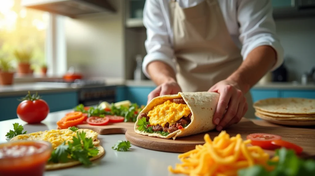 Chef assembling a breakfast burrito with scrambled eggs, sausage, and salsa in a modern kitchen.