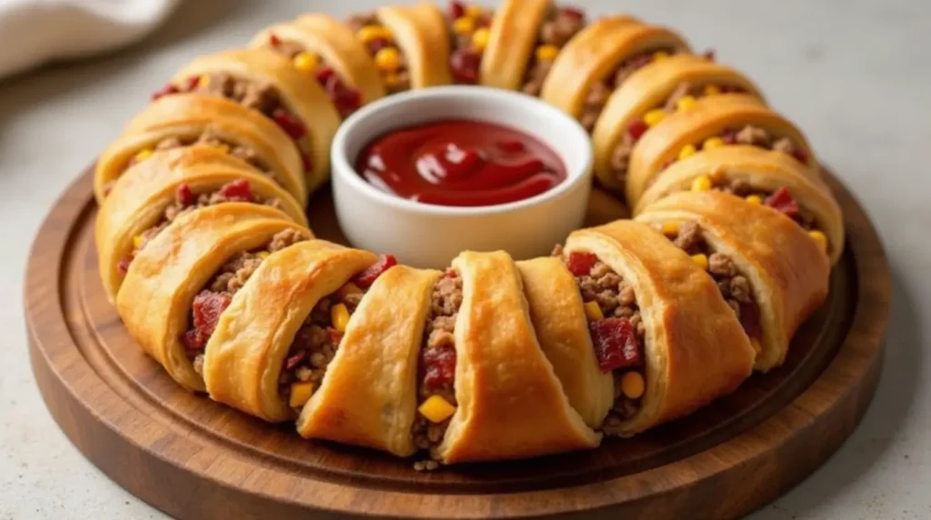 Crescent roll ring filled with ground beef, melted cheese, and crispy bacon.