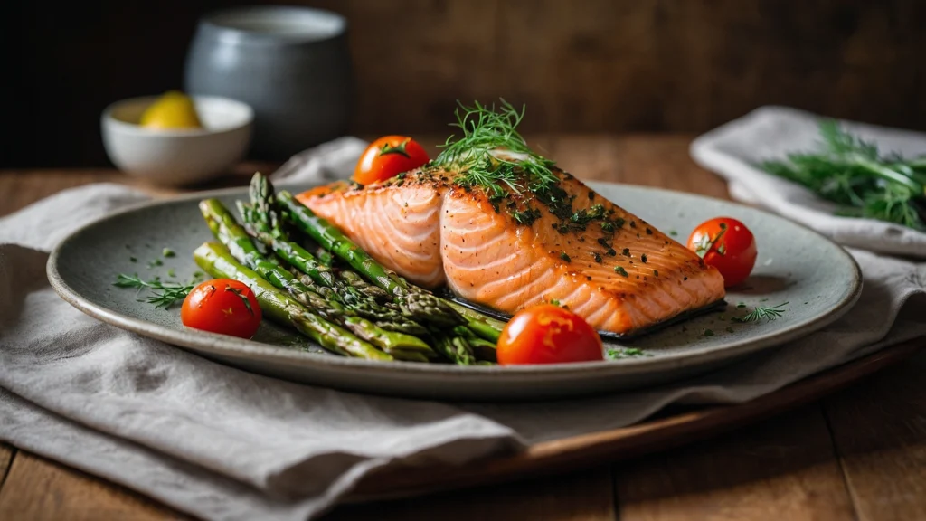 Baked salmon fillet served with roasted asparagus, cherry tomatoes, and lemon slices.