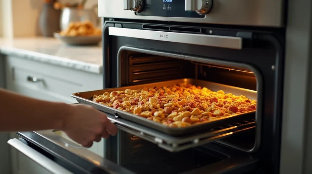 Chex Mix baking in the oven in a modern kitchen.