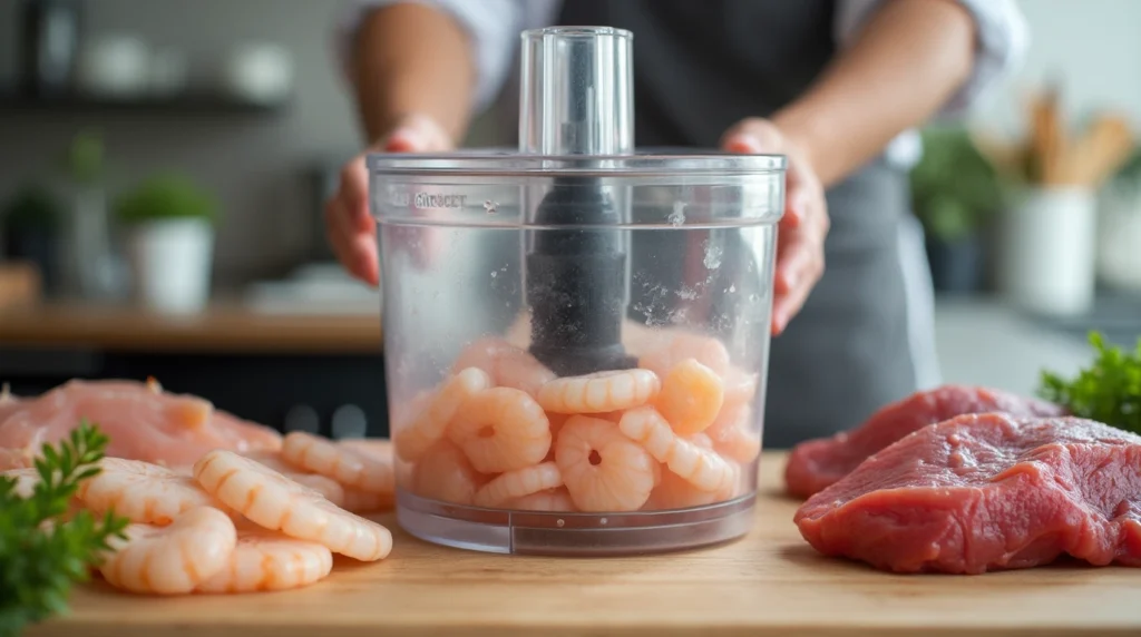 Blending shrimp, fish fillets, and beef heart in a food processor in a modern kitchen.