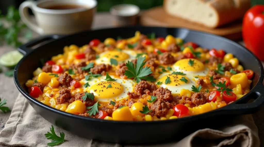 Chorizo and scrambled eggs with bell peppers and onions in a skillet, served with bread and coffee.