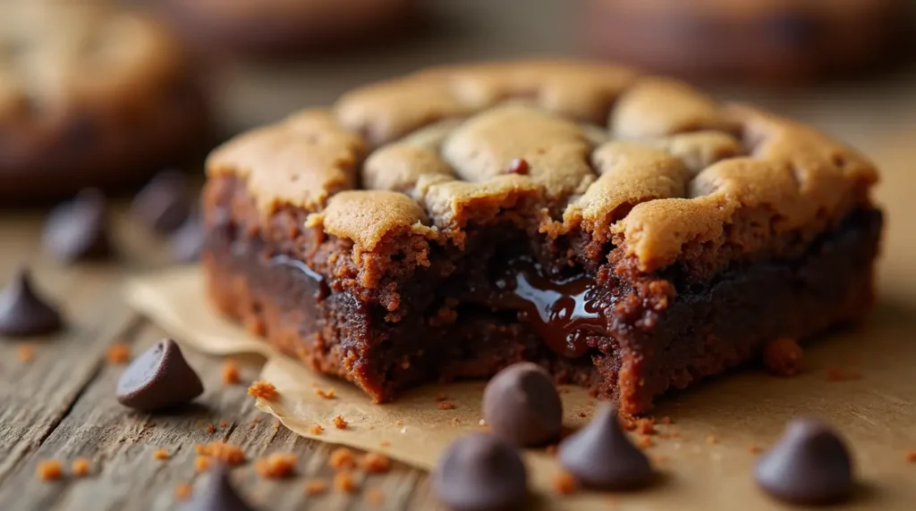 Freshly baked brookie with a brownie and cookie fusion, showcasing its gooey and crispy texture.