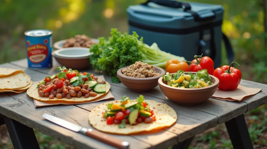 Delicious camping lunch setup with grilled sandwiches, fresh veggies, and a warm cup of chili by the campfire.