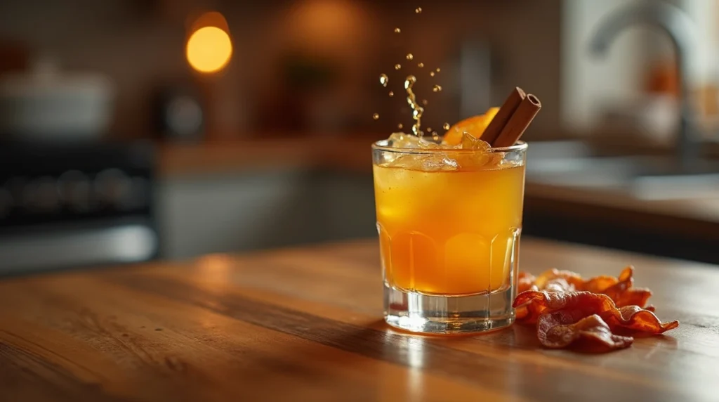 Breakfast shot cocktail with whiskey, orange juice, and maple syrup in a modern kitchen.