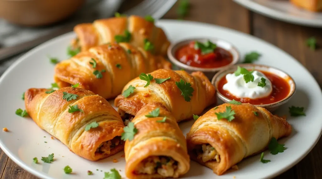 Chicken enchilada crescent roll pockets served with salsa and sour cream.