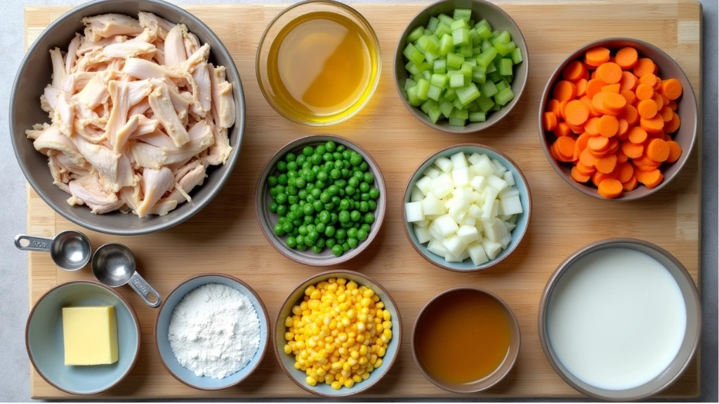 ngredients for Chicken Pot Pie Soup including rotisserie chicken, carrots, celery, peas, and cream arranged on a wooden cutting board.