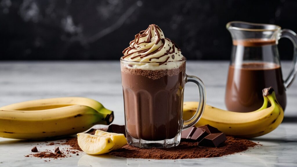 A chocolate banana breakfast shot with banana slices, chocolate drizzle, and cocoa powder on a marble counter.