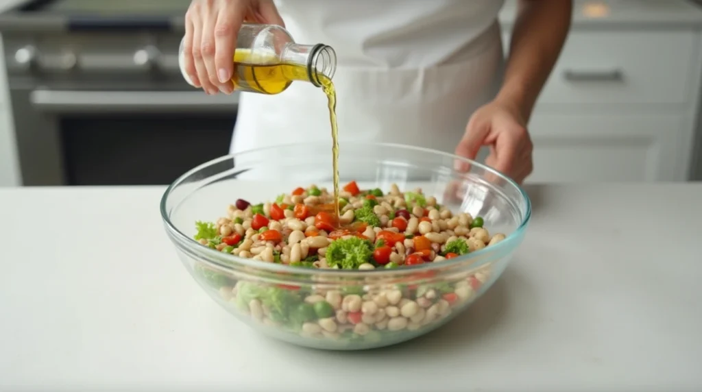 Assembling a dense bean salad with beans, vegetables, olive oil, and lemon juice in a modern kitchen.