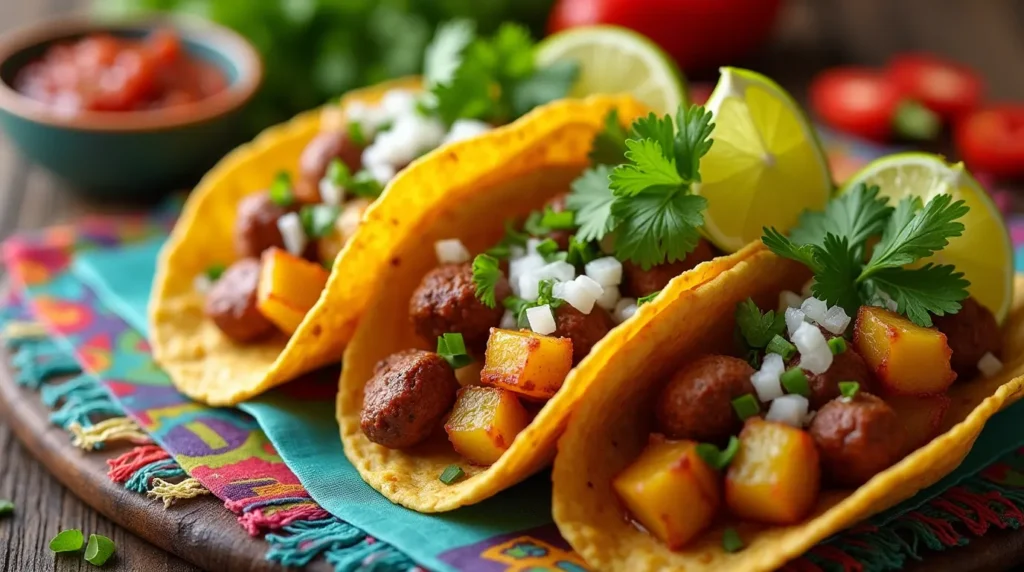 Chorizo and potato tacos topped with cilantro and onions, served with lime wedges on a rustic table.