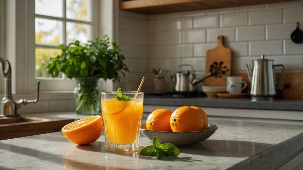 An orange breakfast shot with fresh orange slices, honey, and mint on a sunny kitchen counter.