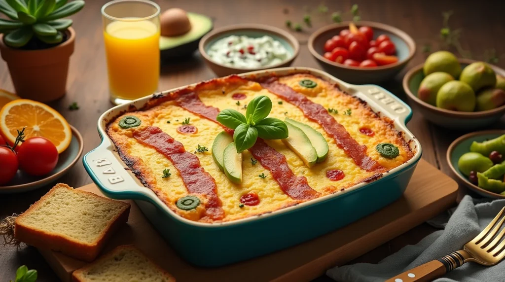 A delicious classic breakfast casserole with crispy bacon, fruit salad, and avocado toast, set on a wooden dining table in a cozy brunch setting.

