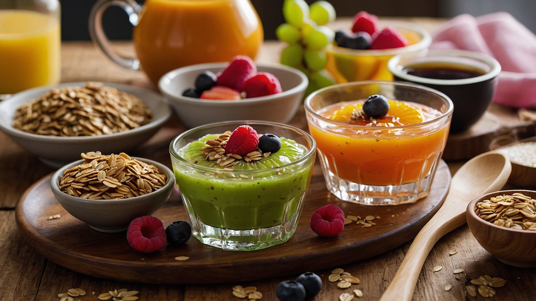 An assortment of colorful breakfast shots with fresh fruits and oats on a wooden table.