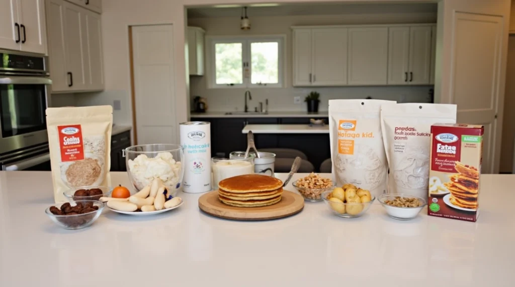  Ingredients for both hotcake and pancake mix on a modern kitchen counter.