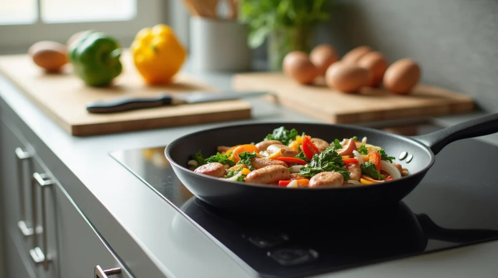 Chicken sausage and vegetables cooking in a frying pan in a modern kitchen.