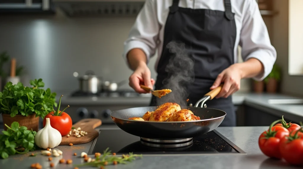 Chef frying chicken in a modern kitchen with fresh herbs and spices.