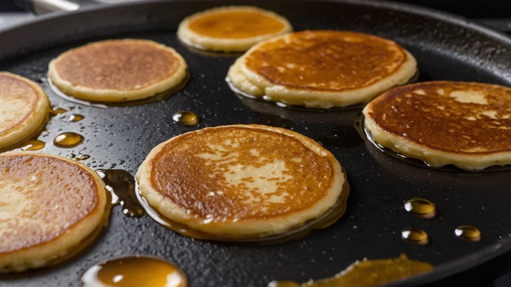 Mini pancakes cooking on a non-stick pan