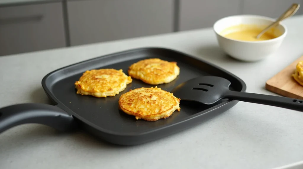 Why Are Scrambled Pancakes So Much Better? 2 Modern kitchen with pancakes being cooked on a griddle.