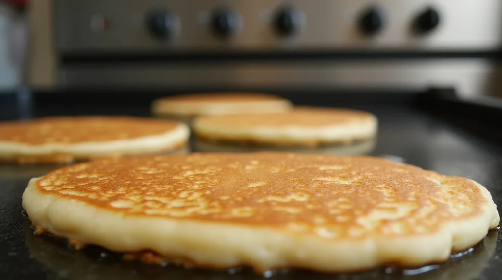 Pancakes made with sourdough discard cooking on a griddle