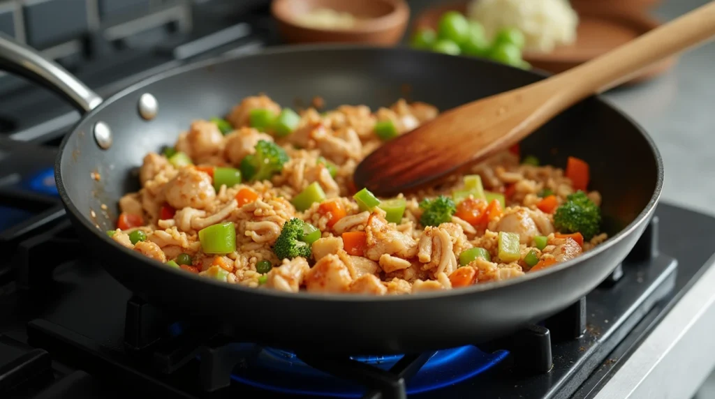 Stir-fried rotisserie chicken and vegetables cooking in a modern kitchen