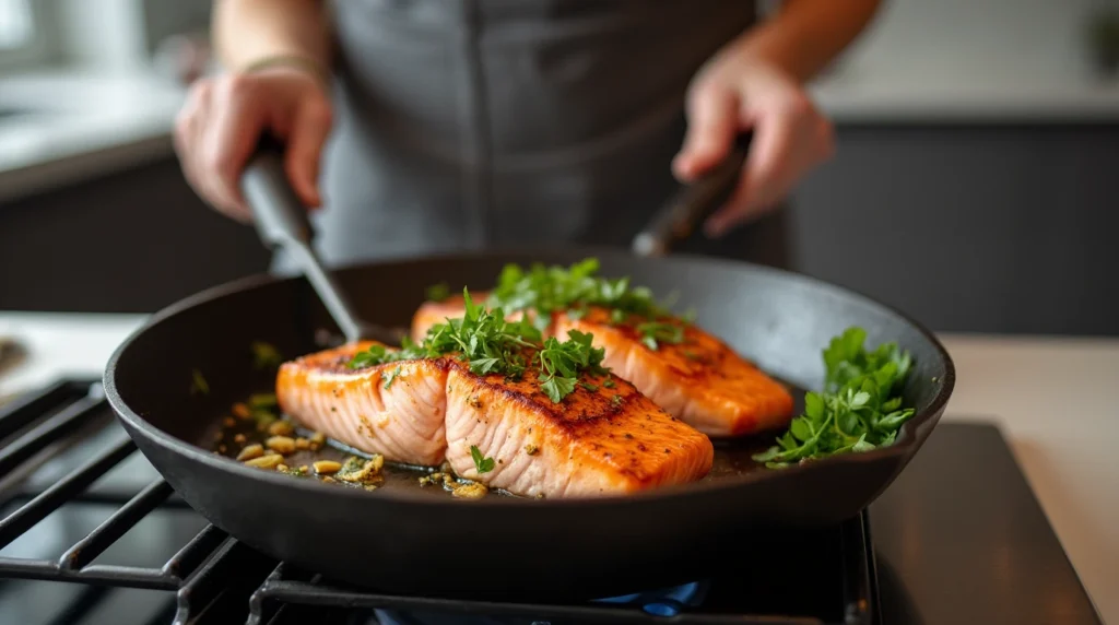 Cooking fresh salmon in a modern kitchen skillet