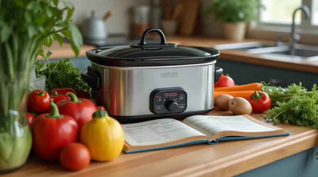 Crock pot lunch box cooking with steam rising in a modern kitchen