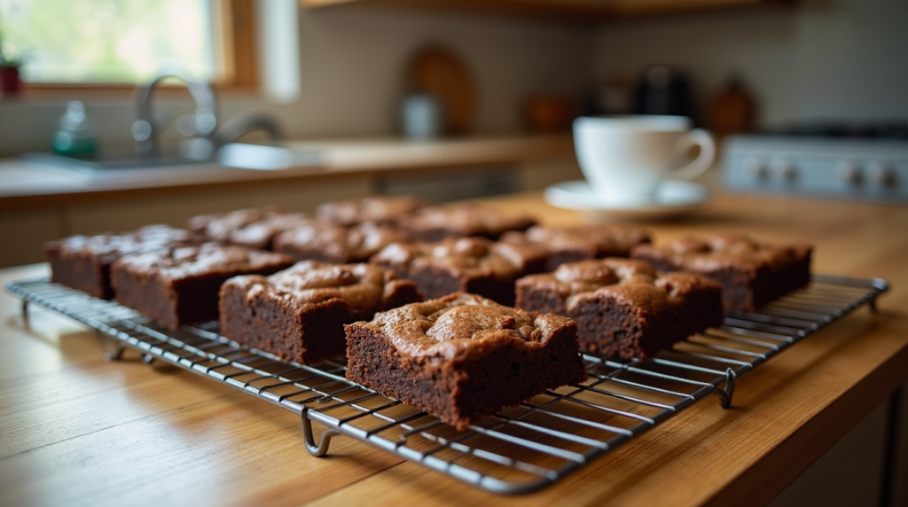 Freshly baked brookies cooling on a rack in a modern kitchen.