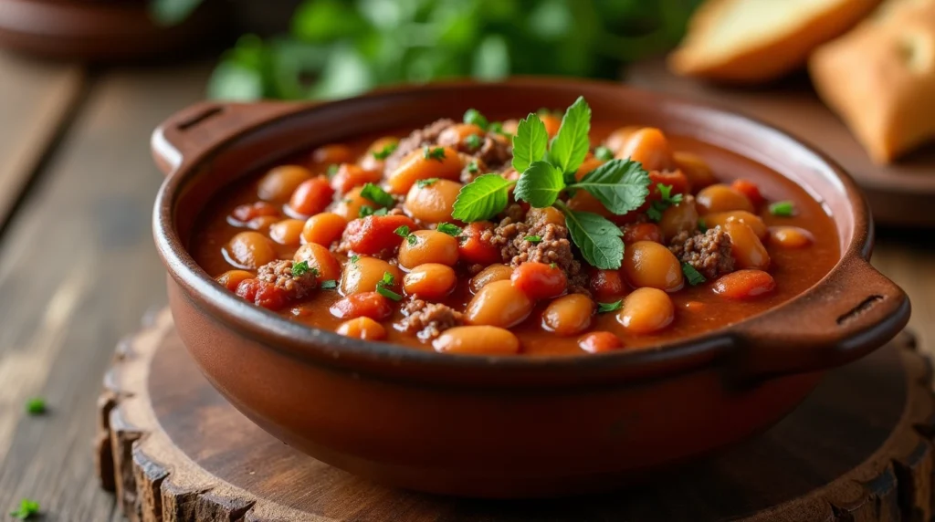 A comforting bowl of cowboy beans with calico beans and ground beef.