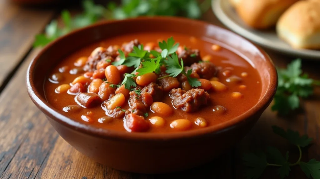 Cowboy beans simmering on the stovetop in a modern kitchen.