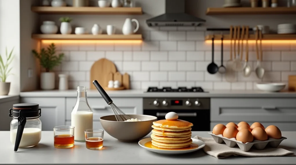  Modern kitchen with ingredients for hotcake mix and a fresh stack of hotcakes on the counter.