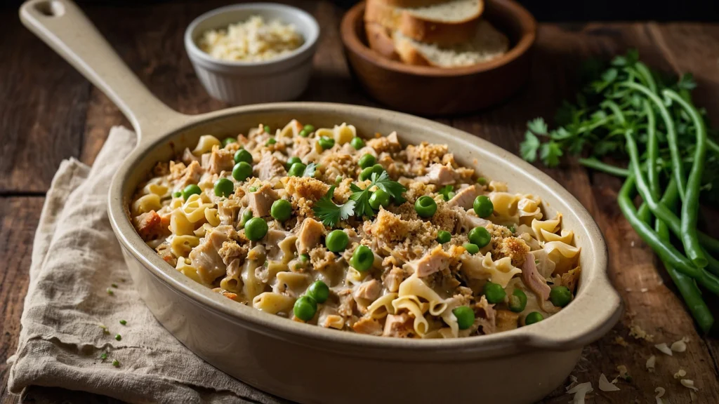 Golden-topped creamy tuna casserole with peas and noodles in a rustic baking dish.