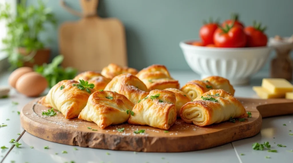 Creative puff pastry breakfast dishes displayed in a modern kitchen.