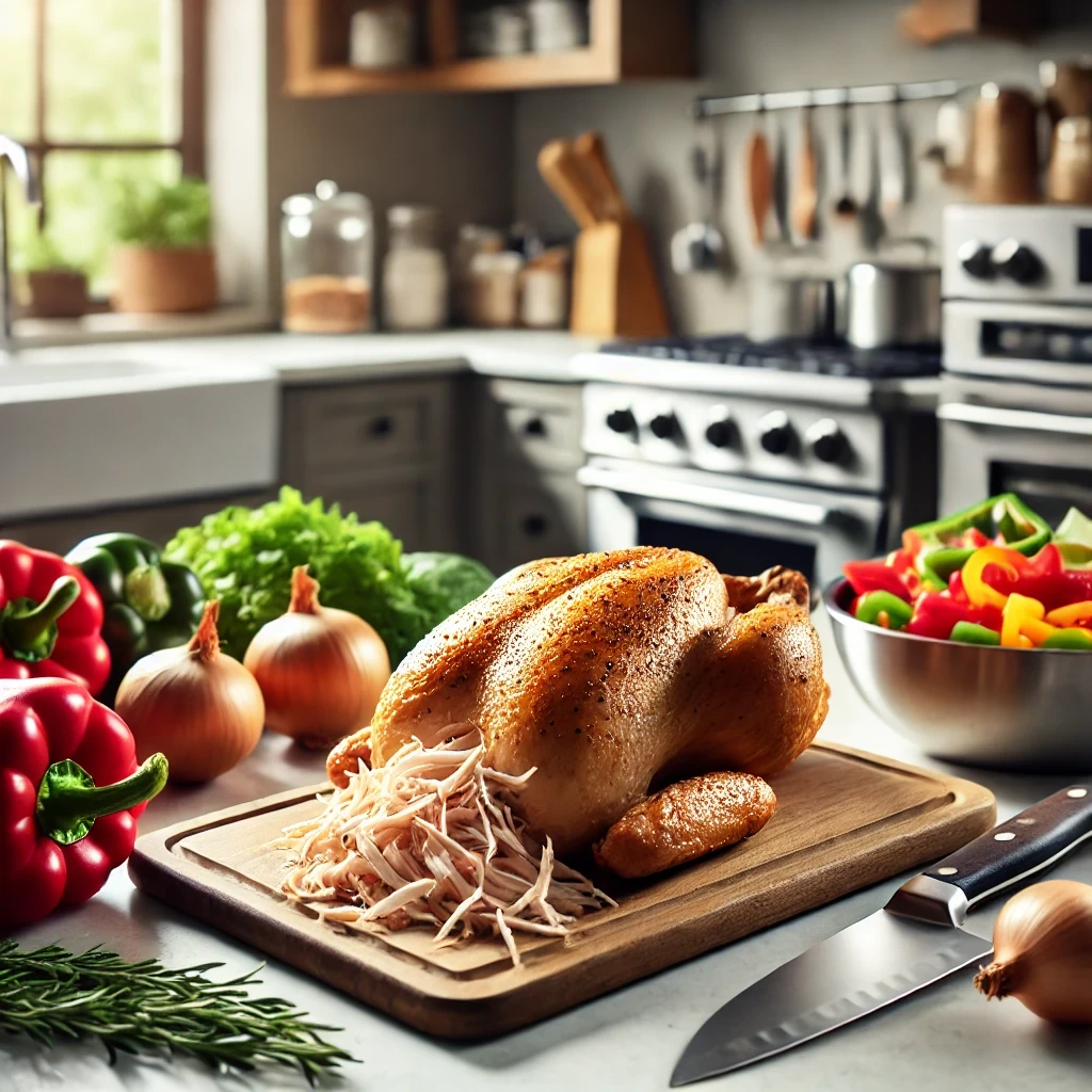 A modern kitchen with stainless steel appliances, fresh ingredients, and a cutting board with shredded rotisserie chicken ready for cooking.