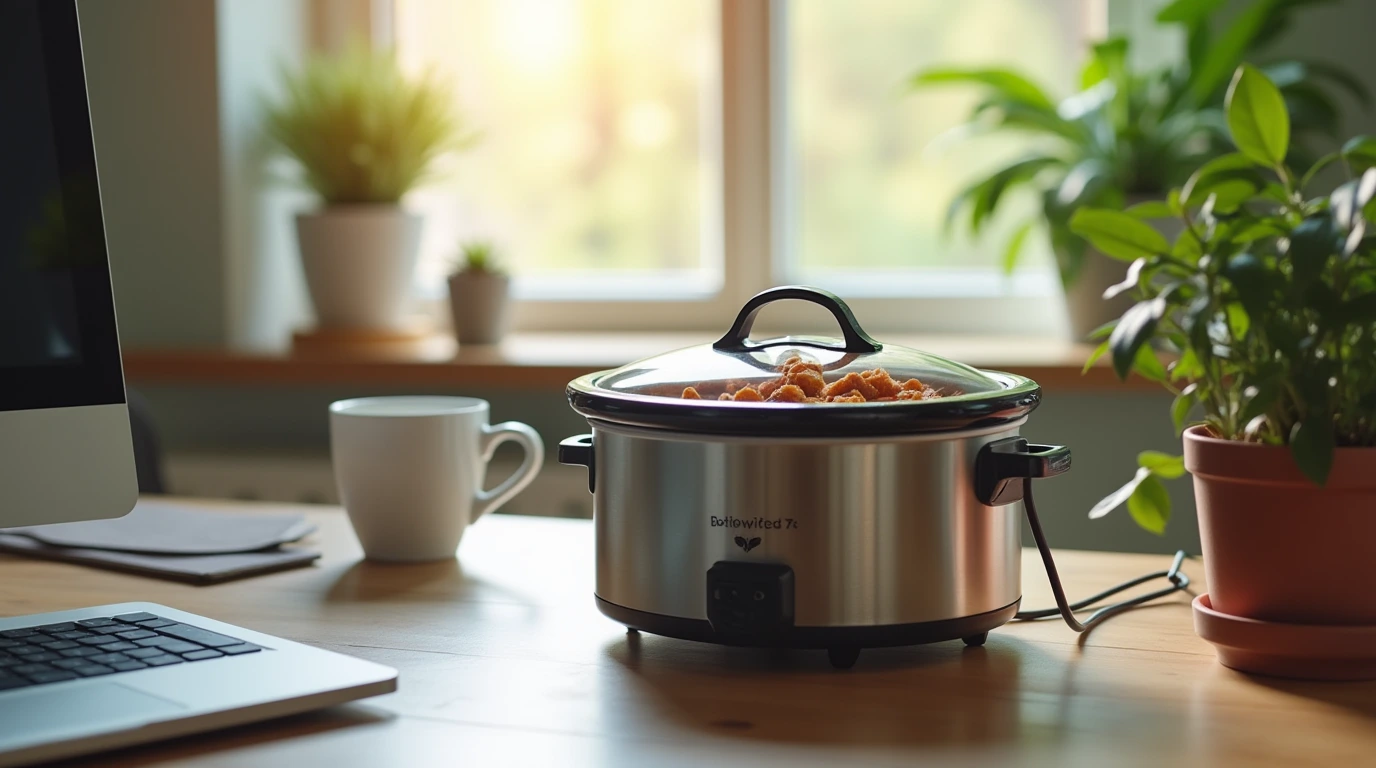 Crock pot lunch box on an office desk cooking a delicious meal.