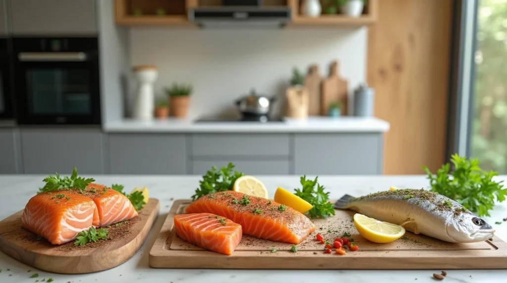 Fresh cod, haddock, and flounder fillets on a kitchen countertop with herbs and spices.