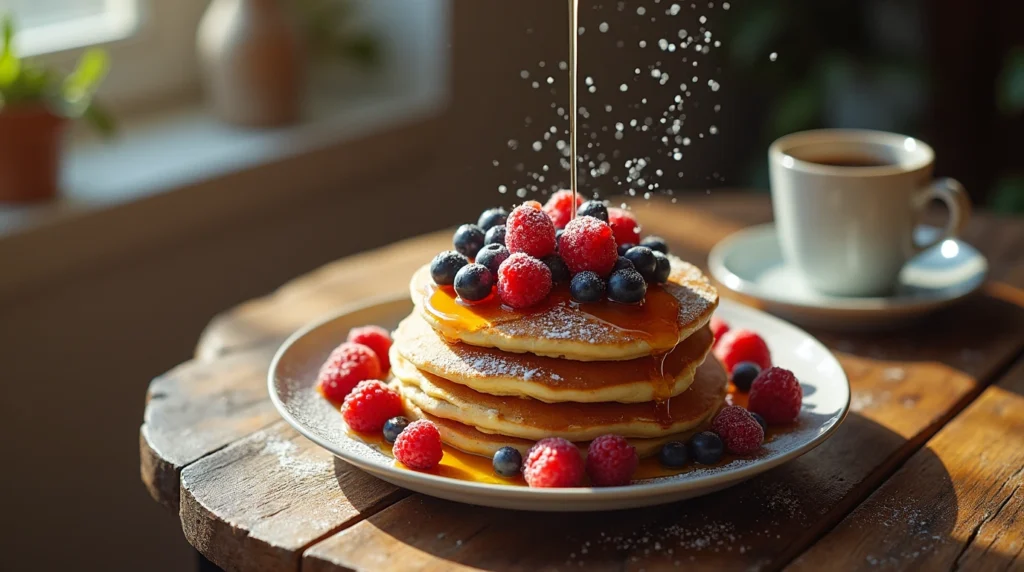 Pancakes made with sourdough discard topped with fresh berries and syrup.