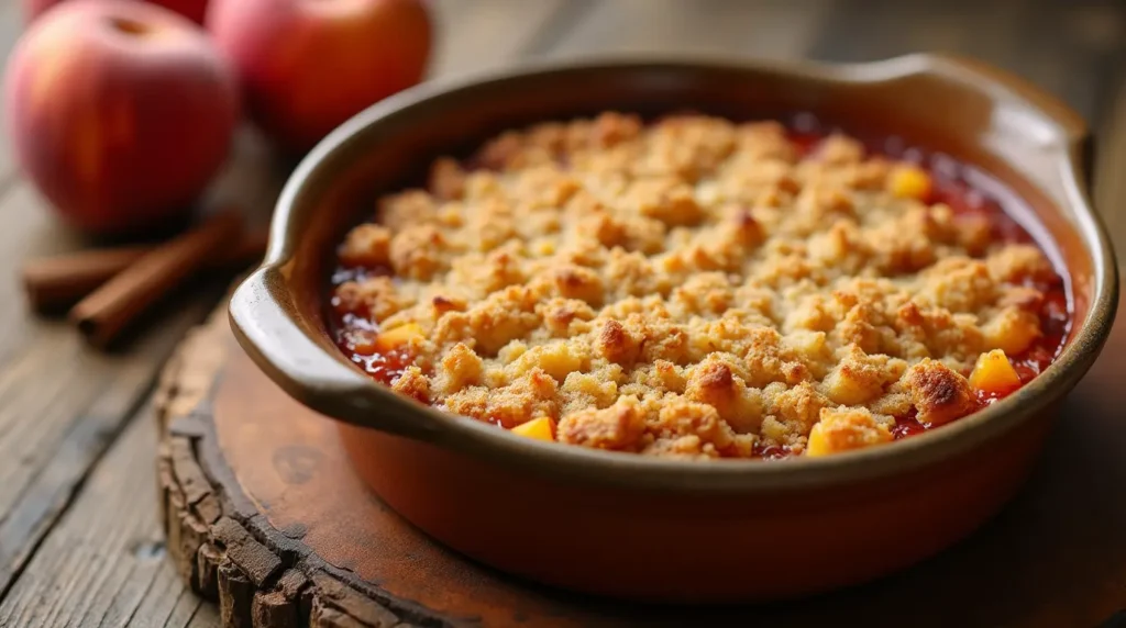 Serving warm peach crumble with a scoop of vanilla ice cream.