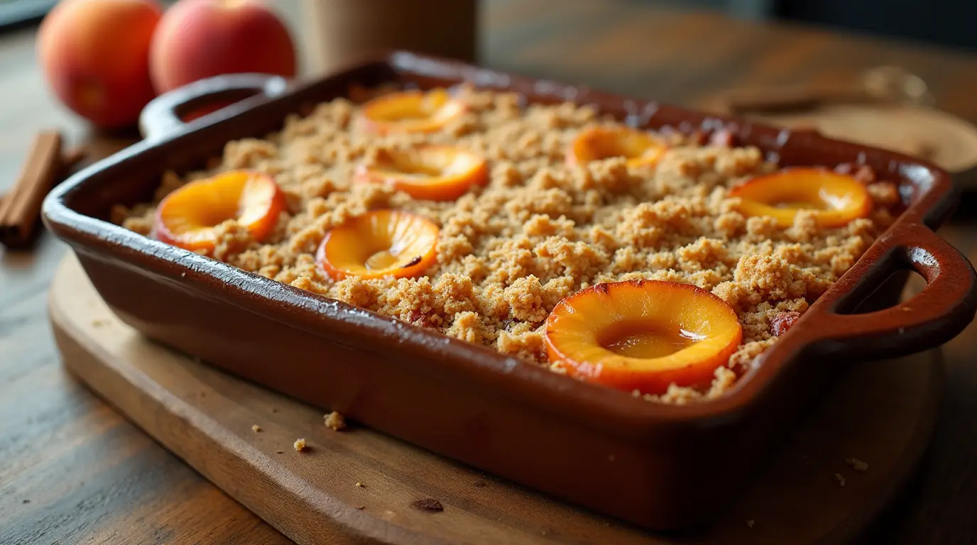 Freshly baked peach crumble with a golden topping, served with peaches and cinnamon.