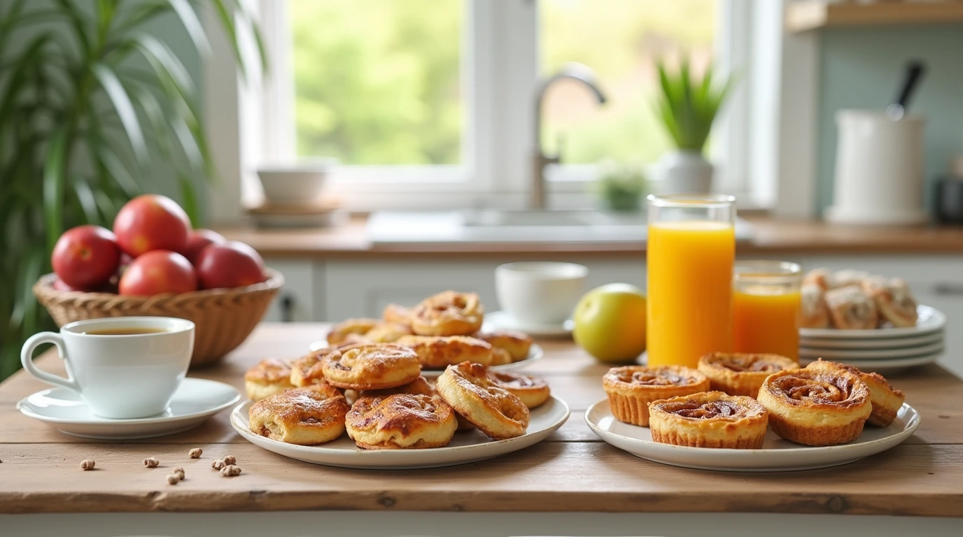 A breakfast spread with puff pastry treats, fruits, and coffee in a modern kitchen