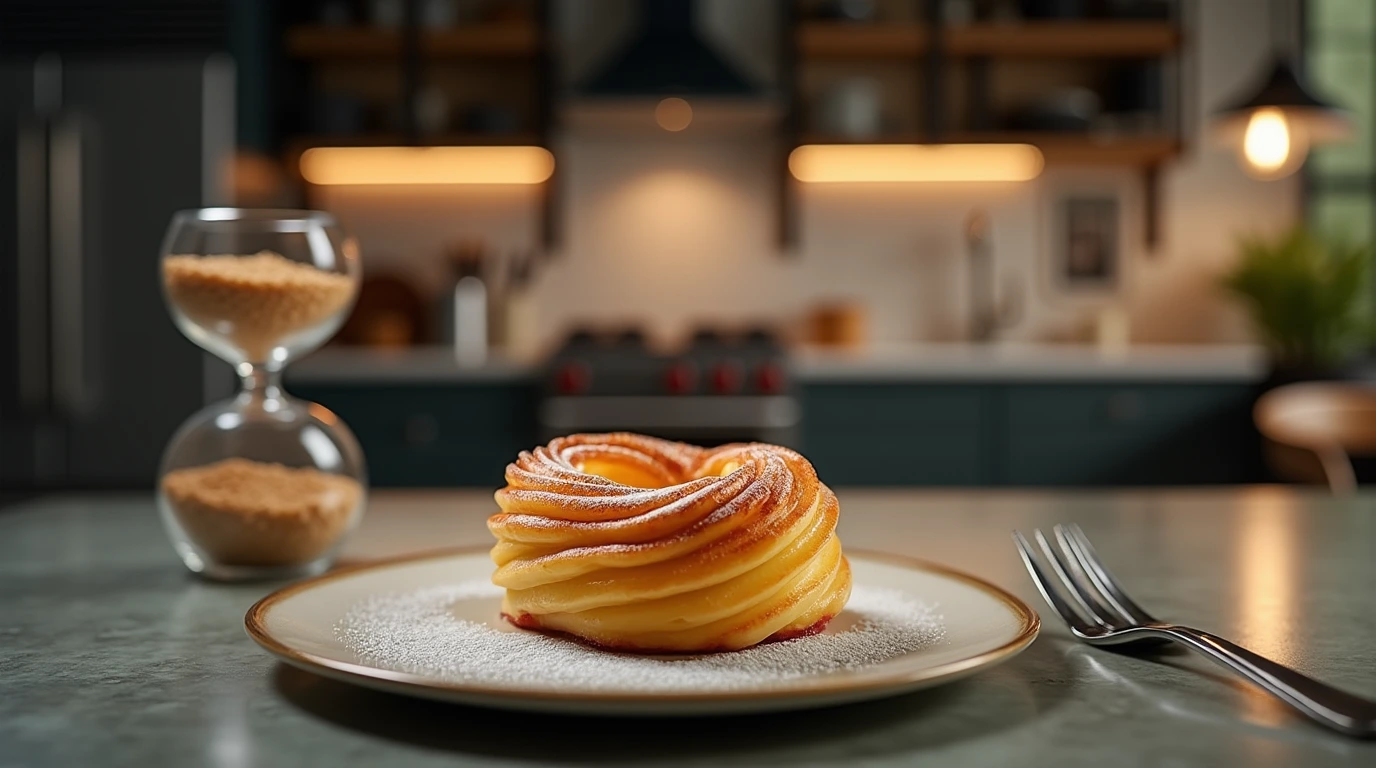 Plated puff pastry dessert with fruit filling in a modern kitchen.