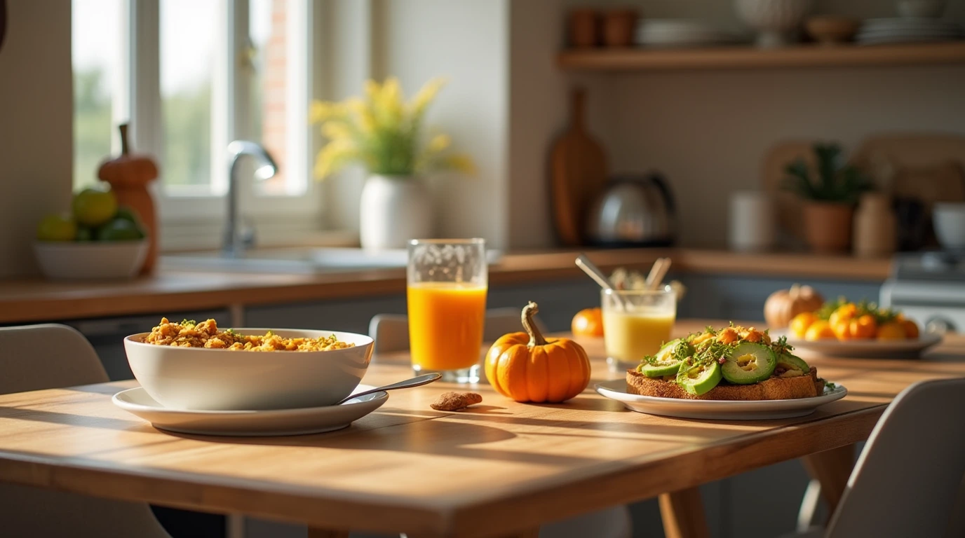 Pumpkin breakfast recipes on a wooden table in a modern kitchen with autumn decor