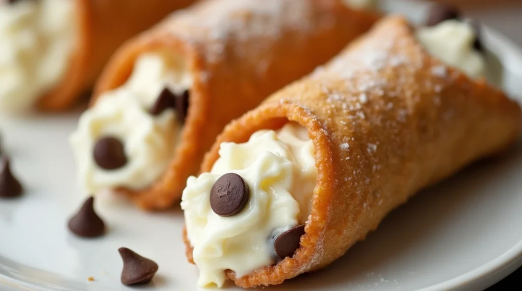 Delicious cannoli filled with sweet ricotta and chocolate chips.