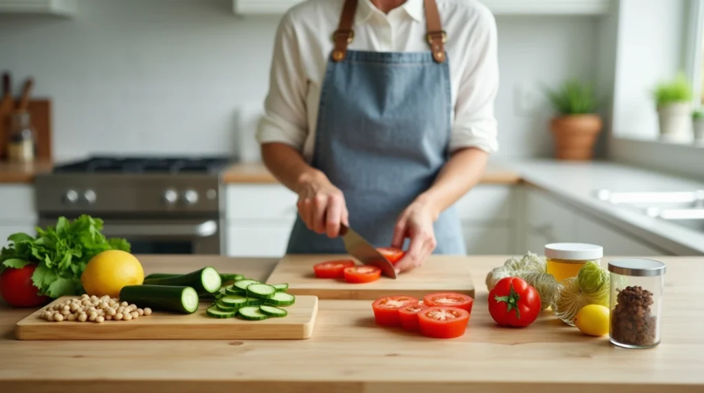 Person chopping cucumbers and tomatoes in a modern kitchen with ingredients for a dense bean salad on the counter