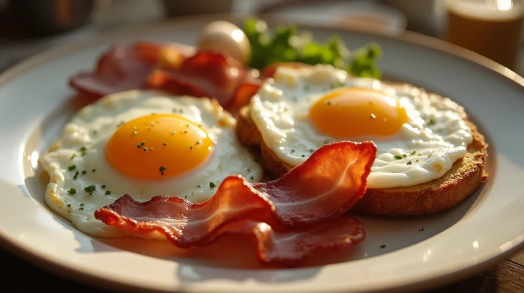 Classic American breakfast with eggs and crispy bacon