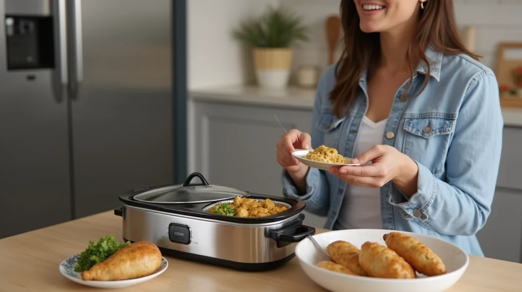 Person enjoying a meal made in a crock pot lunch box at a kitchen table.