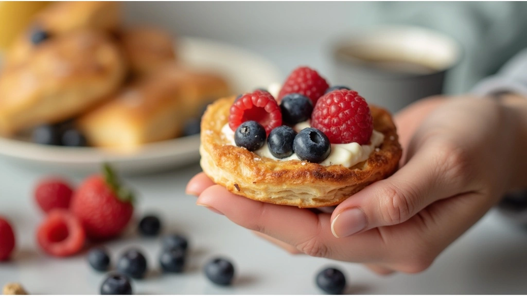 A hand holding a golden, flaky fruit and cream cheese breakfast pastry filled with fresh blueberries and raspberries.