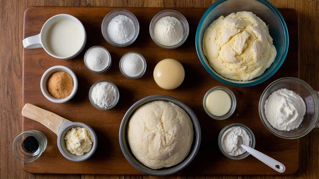 Ingredients for no-yeast dinner rolls arranged on a wooden counter.